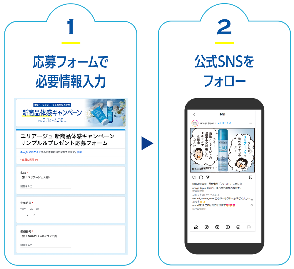 1.応募フォームで必要情報入力 2.公式SNSをフォロー